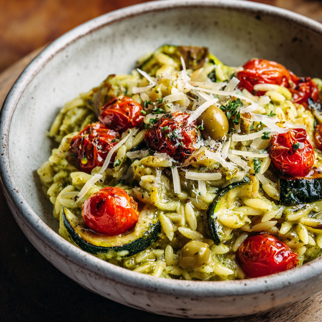 Un grand bol de riz, tomates, herbes et olives vertes.