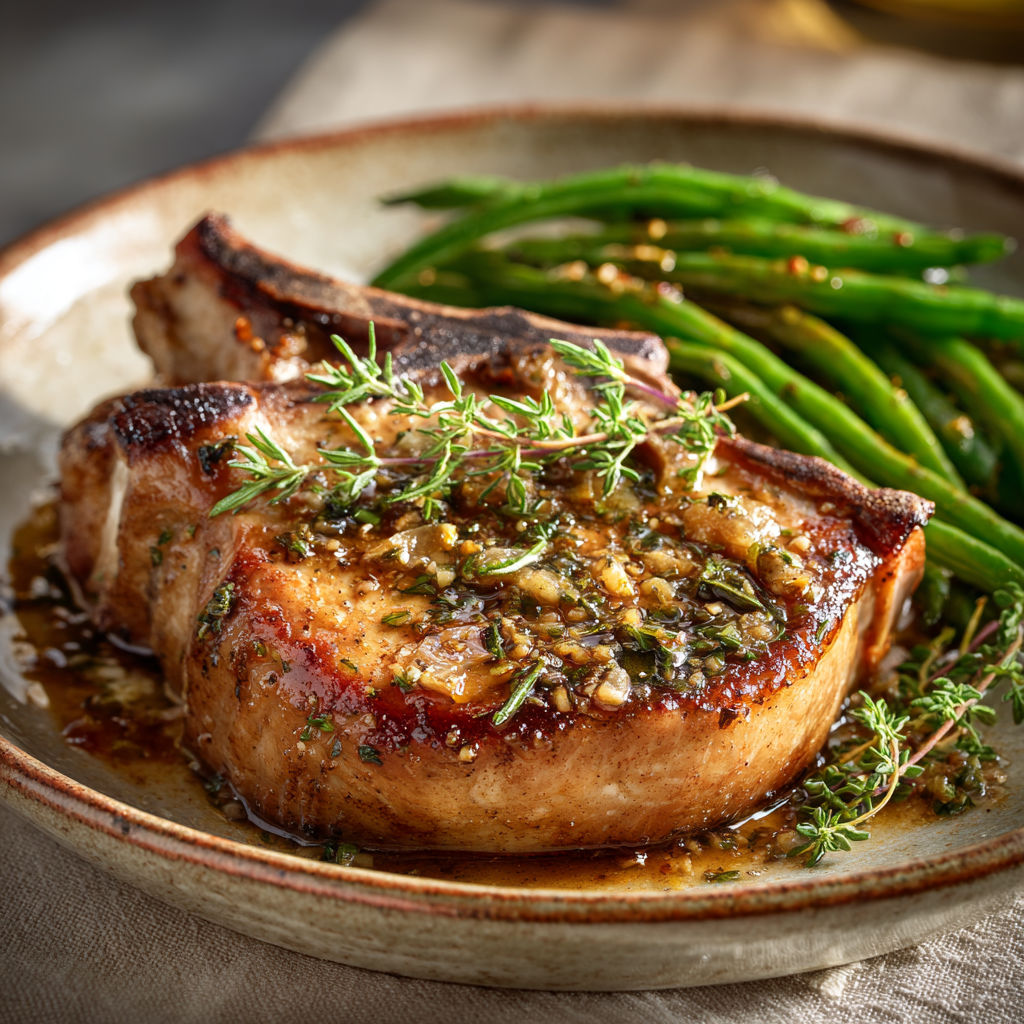 Viande dorée aux herbes et légumes verts tout autour.