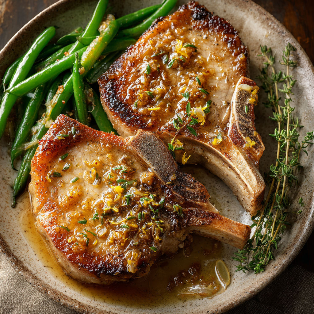 Des morceaux de porc dorés entourés de légumes verts bien frais.