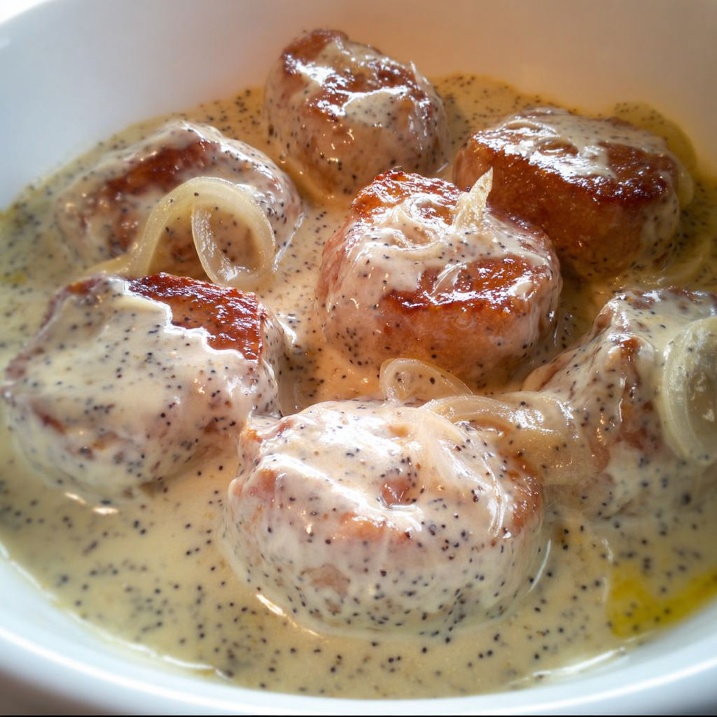 Un bon plat de paupiettes de porc nappées d'une sauce crème onctueuse, servi dans un bol.