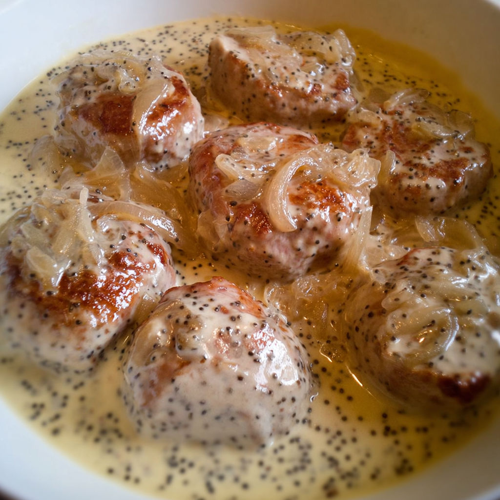 Des paupiettes de porc nappées de crème, avec des pommes de terre et un peu de compote à côté.