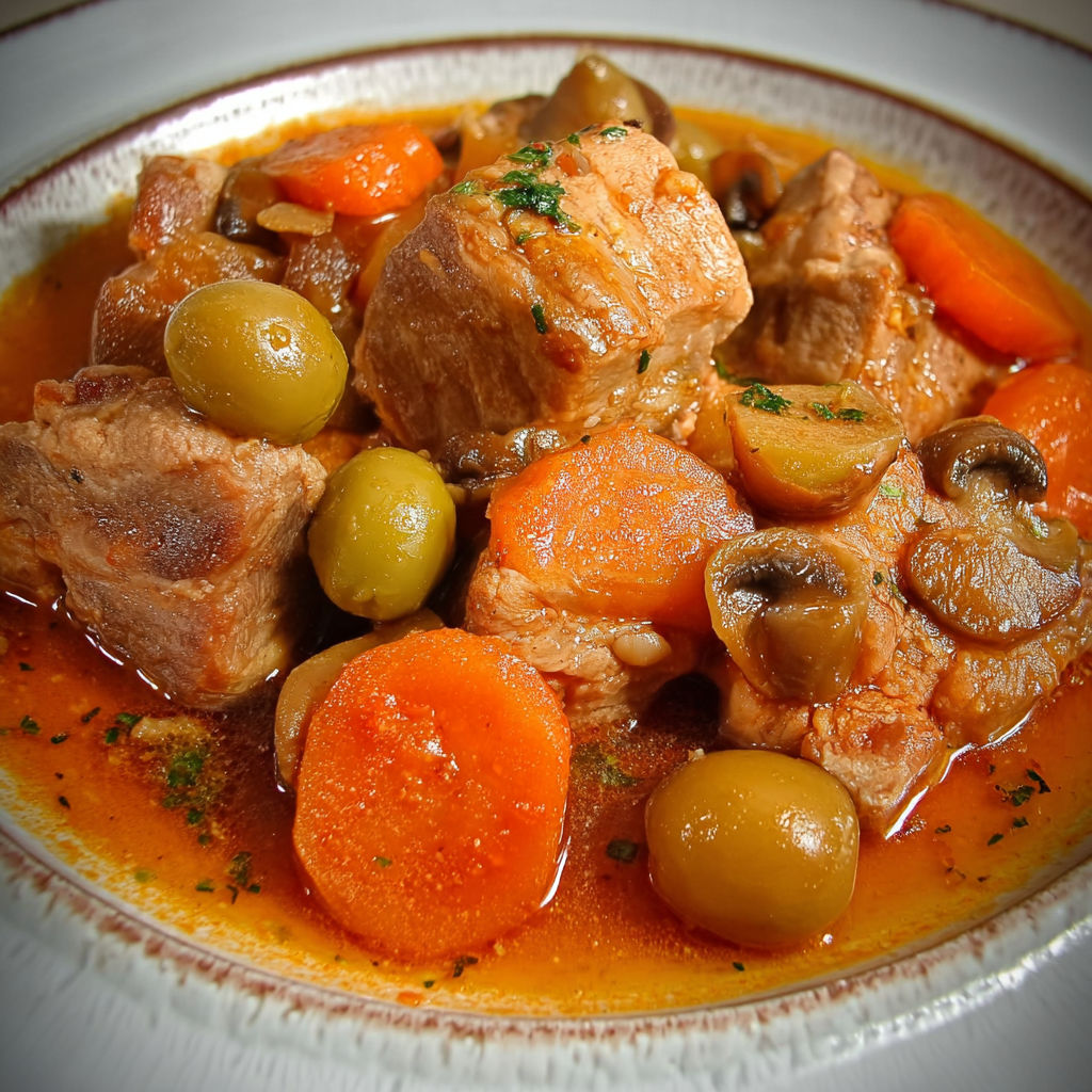 Un bon bol de viande mijotée avec des carottes et des olives fondantes.