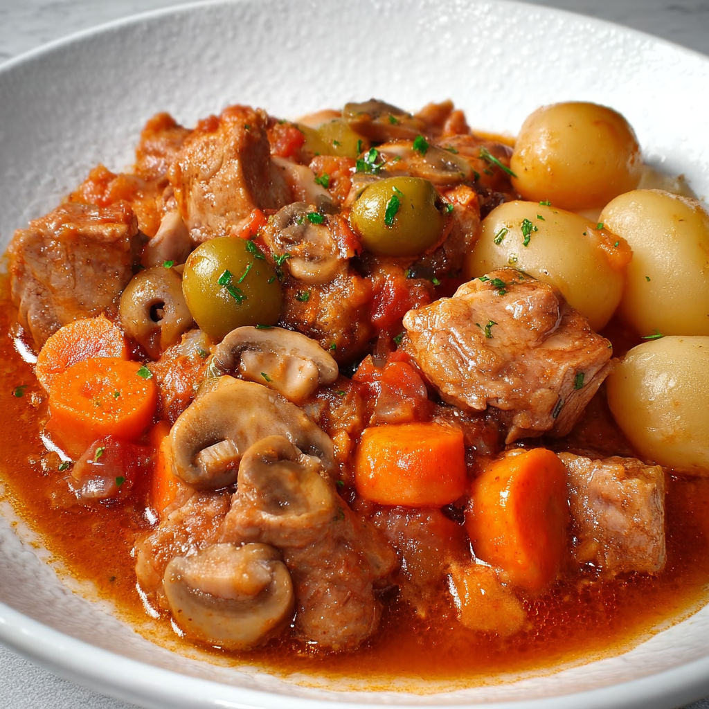 Un plat mijoté garni de carottes, champignons et olives, bien appétissant.