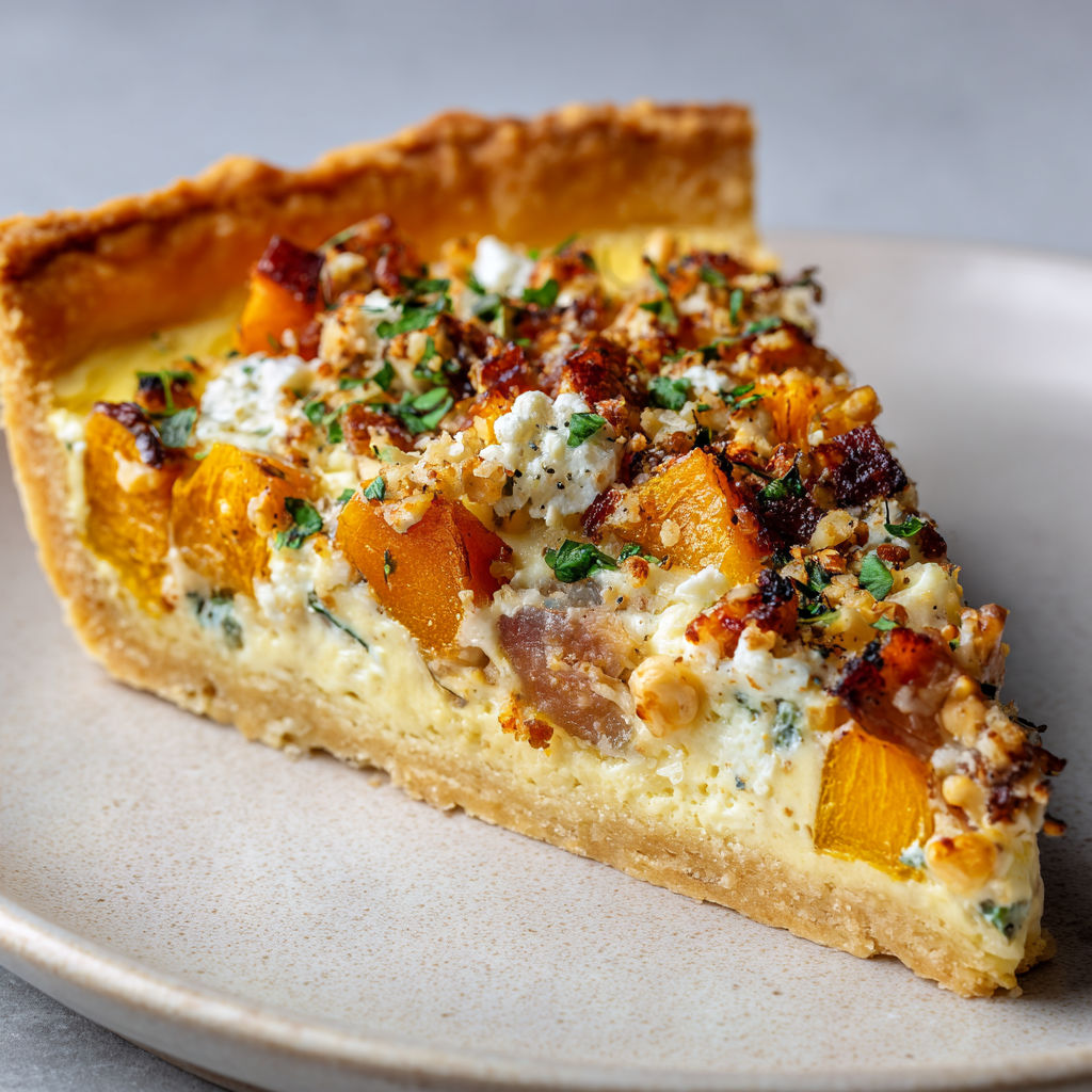 Sur un plateau, une tarte automnale garnie de courge, chèvre, lardons et noisettes bien dorées.