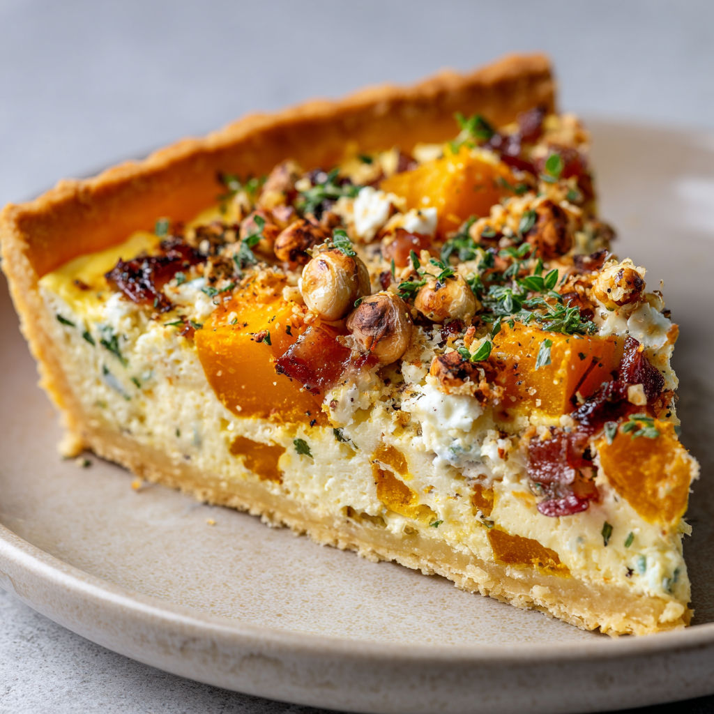 Une tarte généreuse au fromage et fruits secs, décorée d’herbes fraîches, présentée sur un plateau.