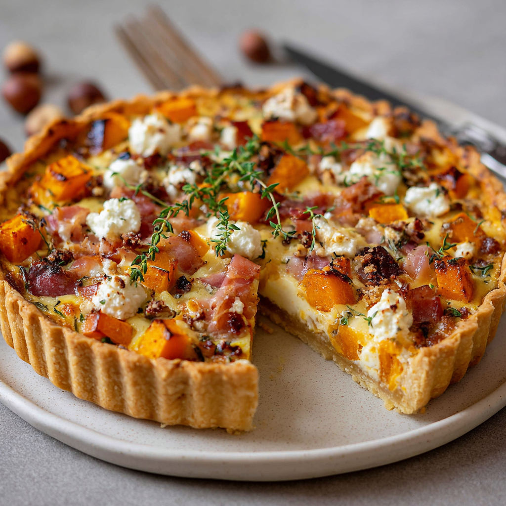 Part de tarte moelleuse, garnie de fromage et pommes, avec pousses et noix sur un plateau.
