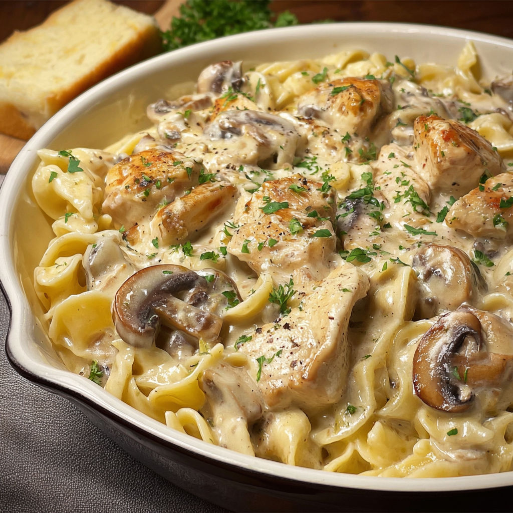 Plat de Pâtes crémeuses façon poulet-champignons, servi avec pain et herbes fraîches.