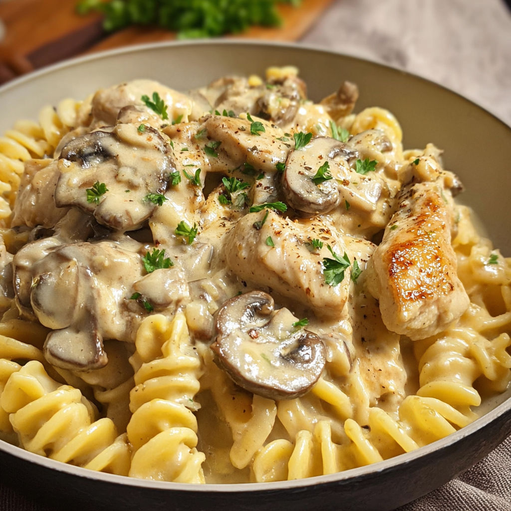 Un bol de macaroni au poulet et aux champignons, version comfort food.