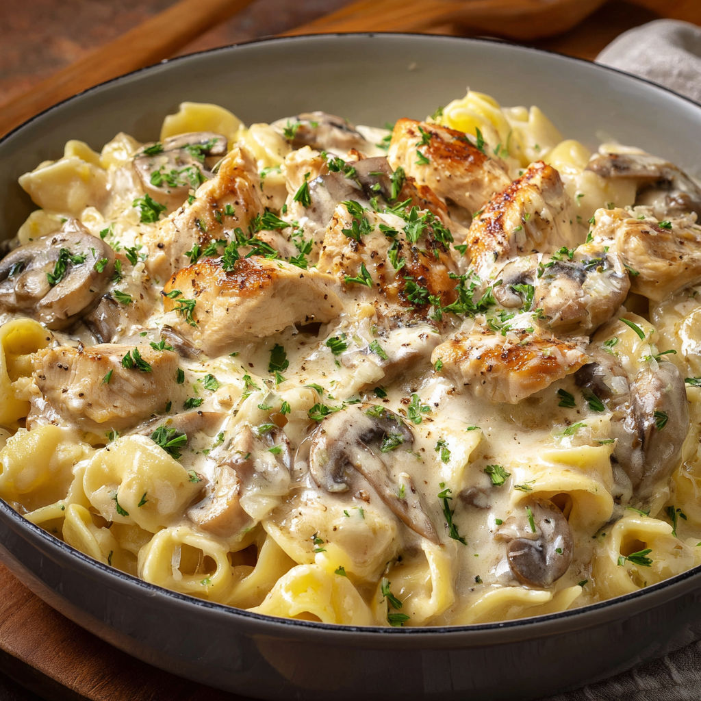 Un plat de pâtes au poulet et champignons, servies bien chaudes dans un bol métallique.