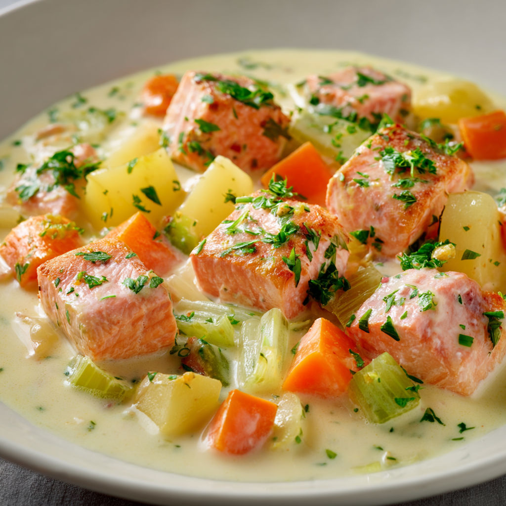Un plat façon bouillabaisse avec légumes et morceaux de poisson.