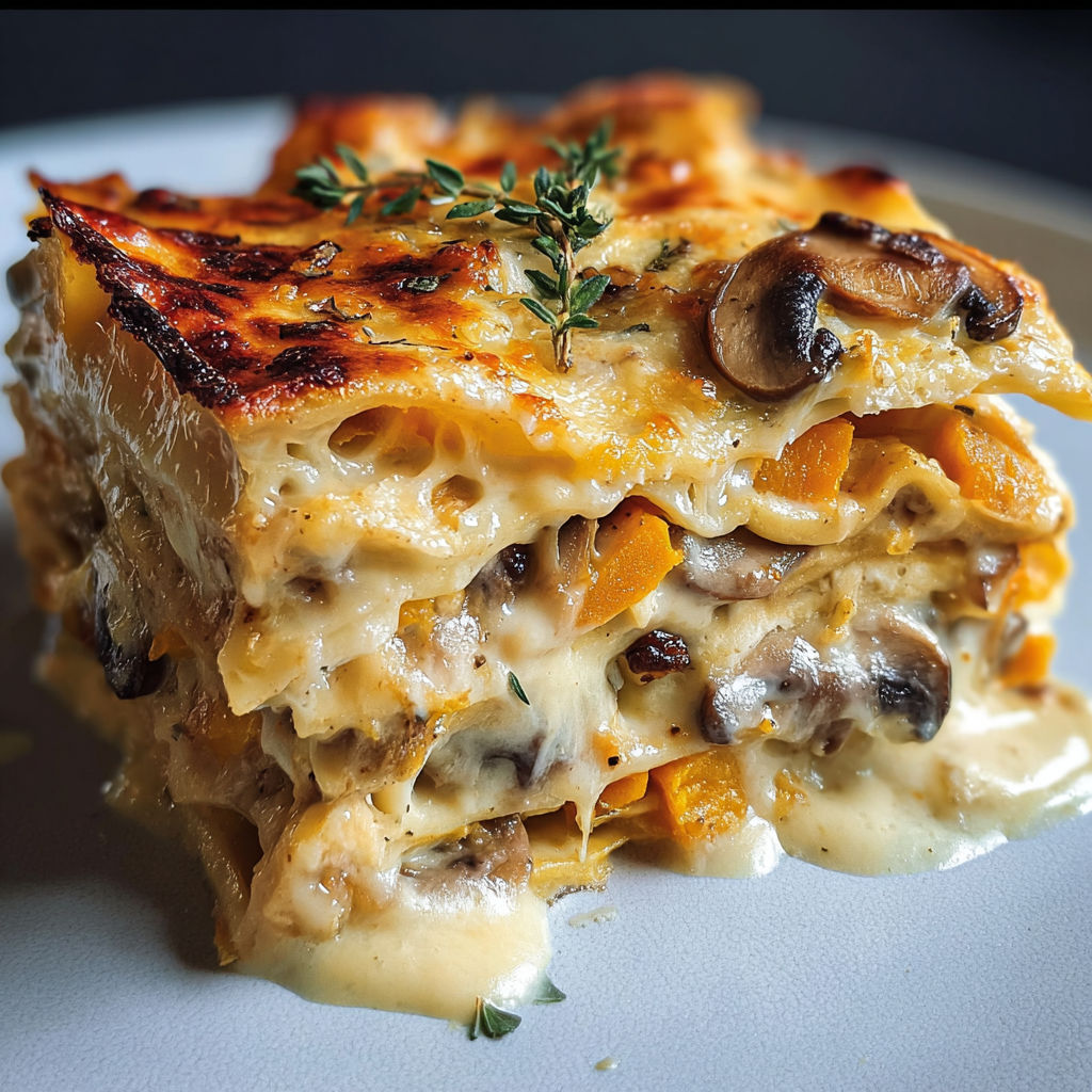 Une grande portion de lasagnes courge et champignons recouverte de crème et d’herbes posée dans un plat.