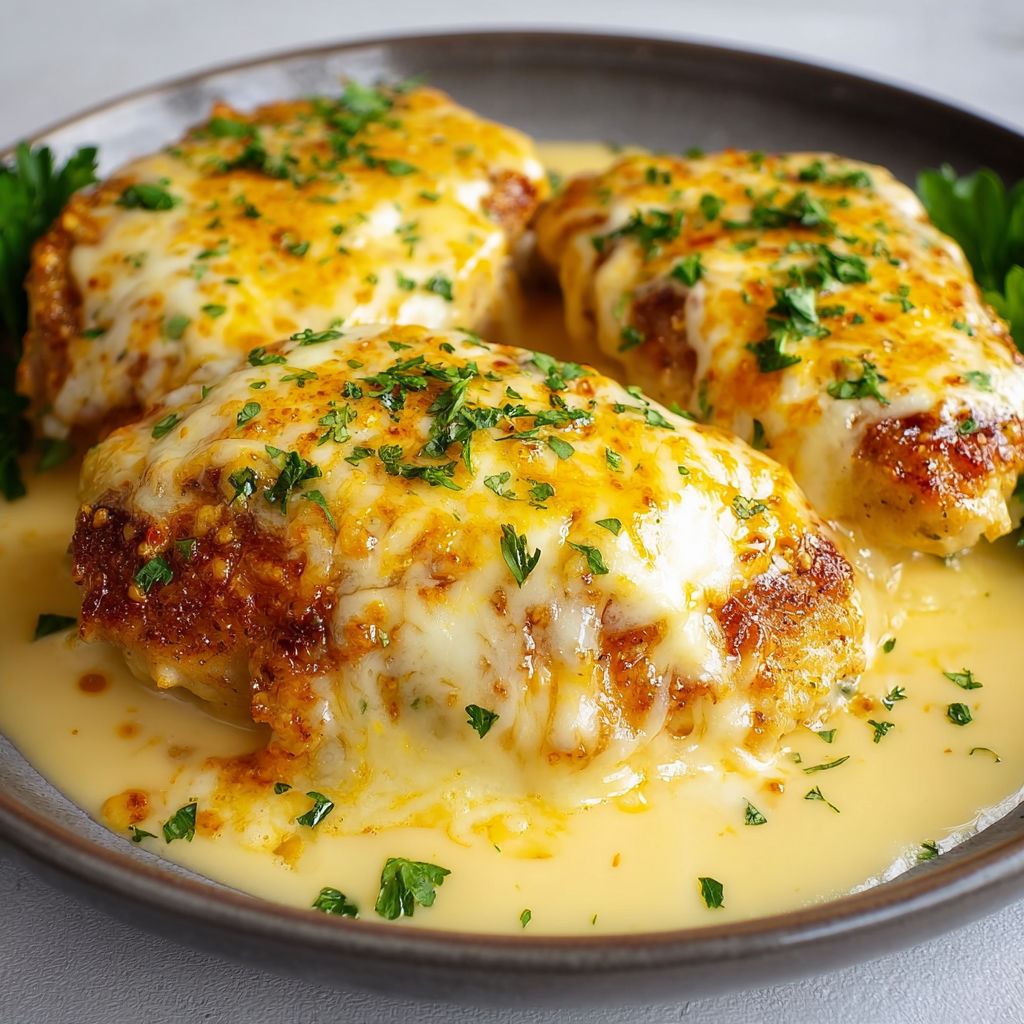 Une assiette bien dorée de poulet à la moutarde et fromage, parsemée d’herbes fraîches.
