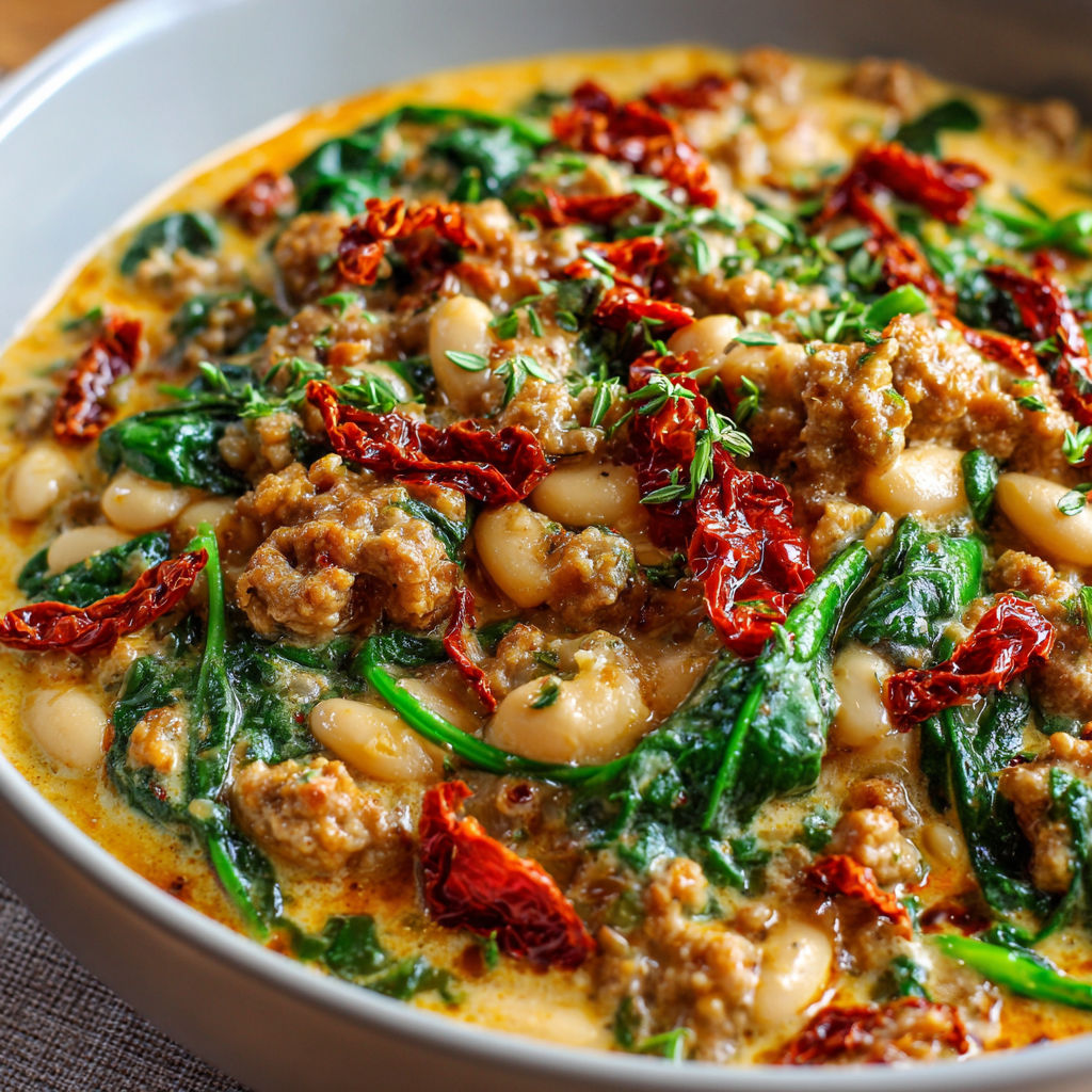 Dans un bol posé sur la table, on trouve un mélange de haricots, saucisses, épinards et tomates recouvert d’une sauce toute crémeuse.