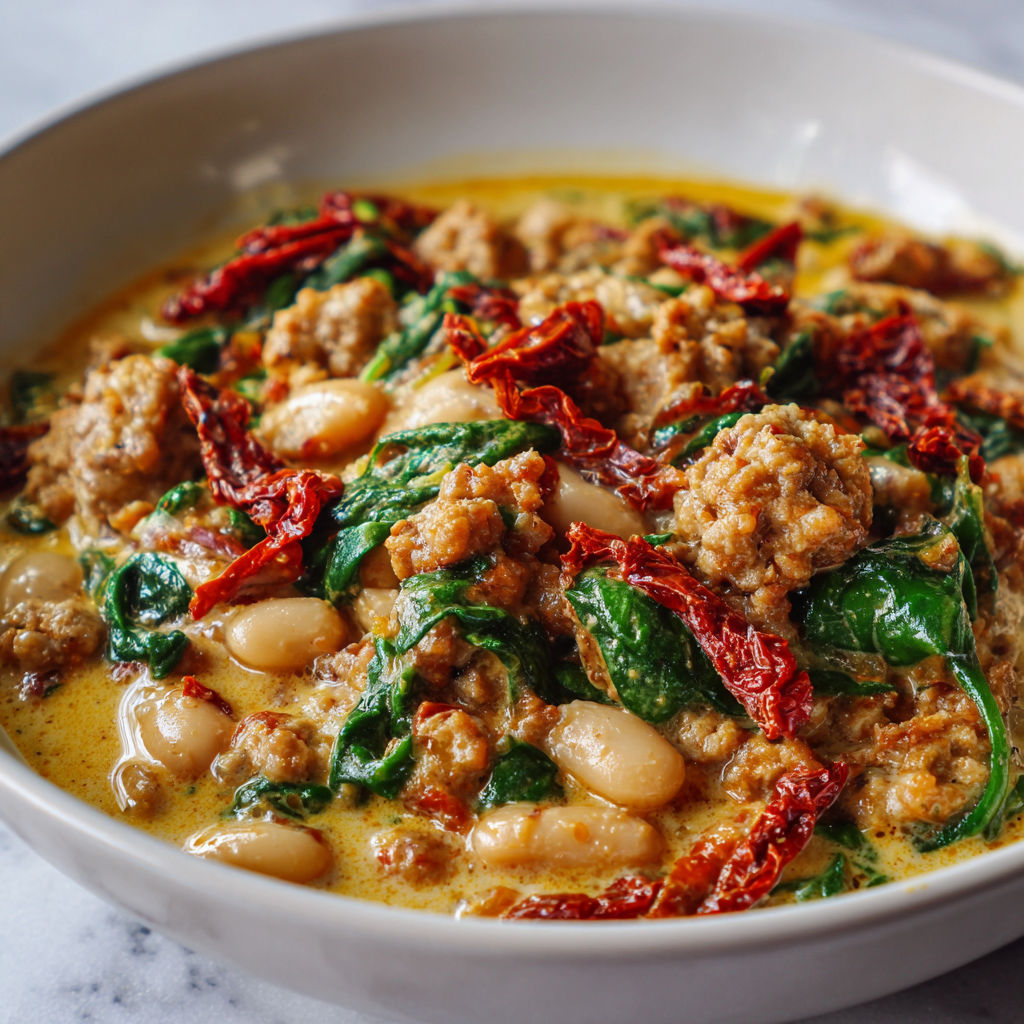 Un bol rempli d’une soupe aux légumes et poulet, avec haricots, épinards et feuilles aromatiques.