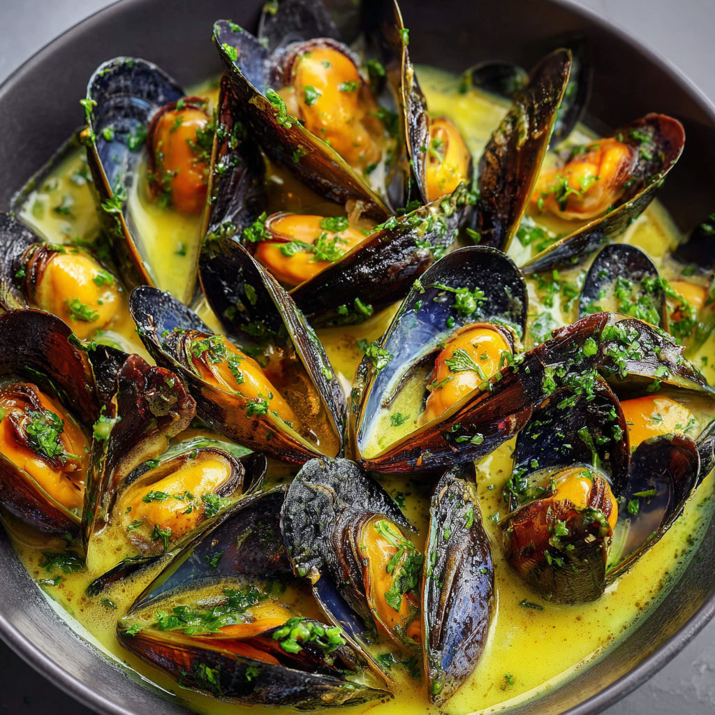 Bol de moules baignant dans une sauce aux herbes et pesto.