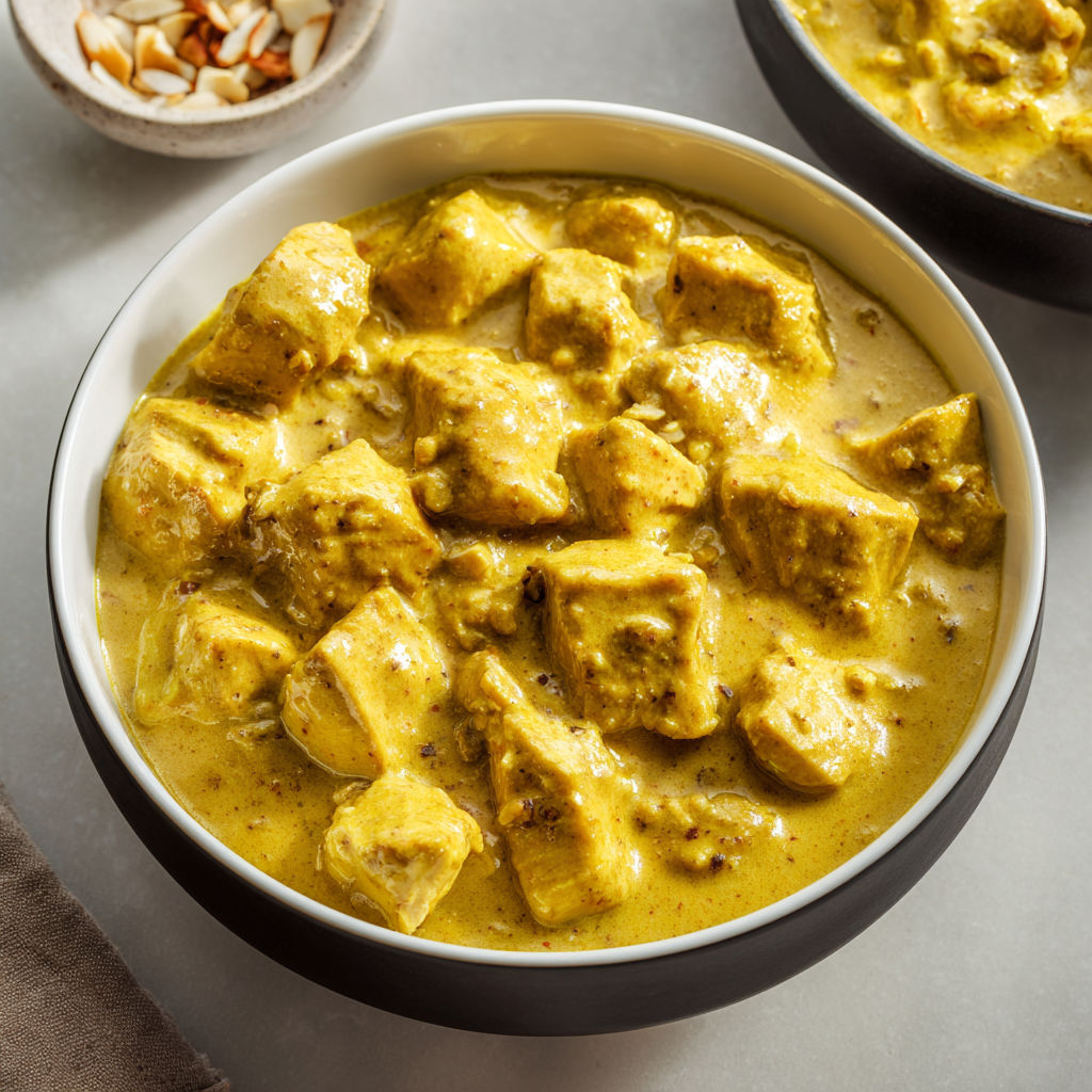 Bol de curry avec morceaux de poulet et touche de noix de coco.