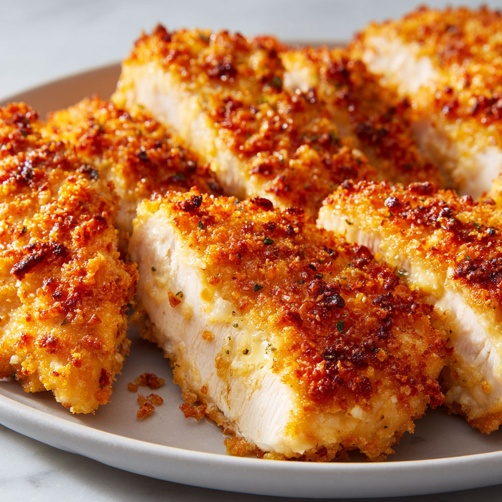 De beaux morceaux de poulet croustillant au parmesan disposés sur une assiette blanche.
