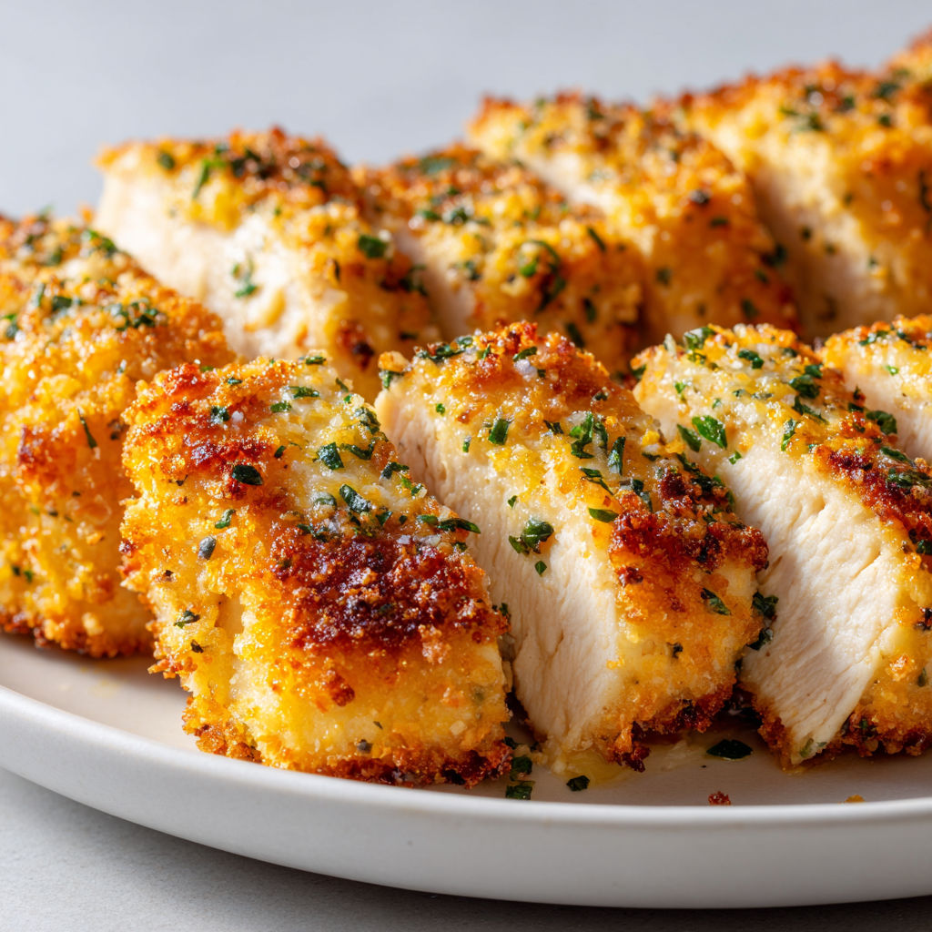 Filet de poulet pané prêt à déguster avec légumes et herbes frais.
