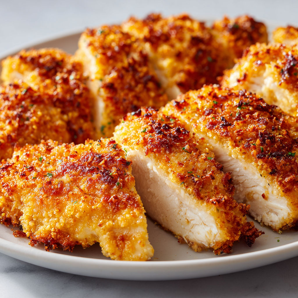 Planche de blancs de poulet croustillants, épicés et herbacés.