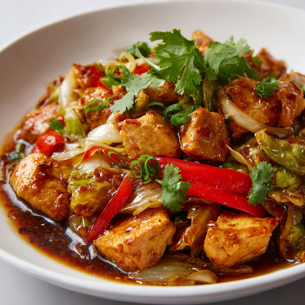 Un plat à base de viande et légumes, d’inspiration asiatique, joliment servi dans un bol blanc.