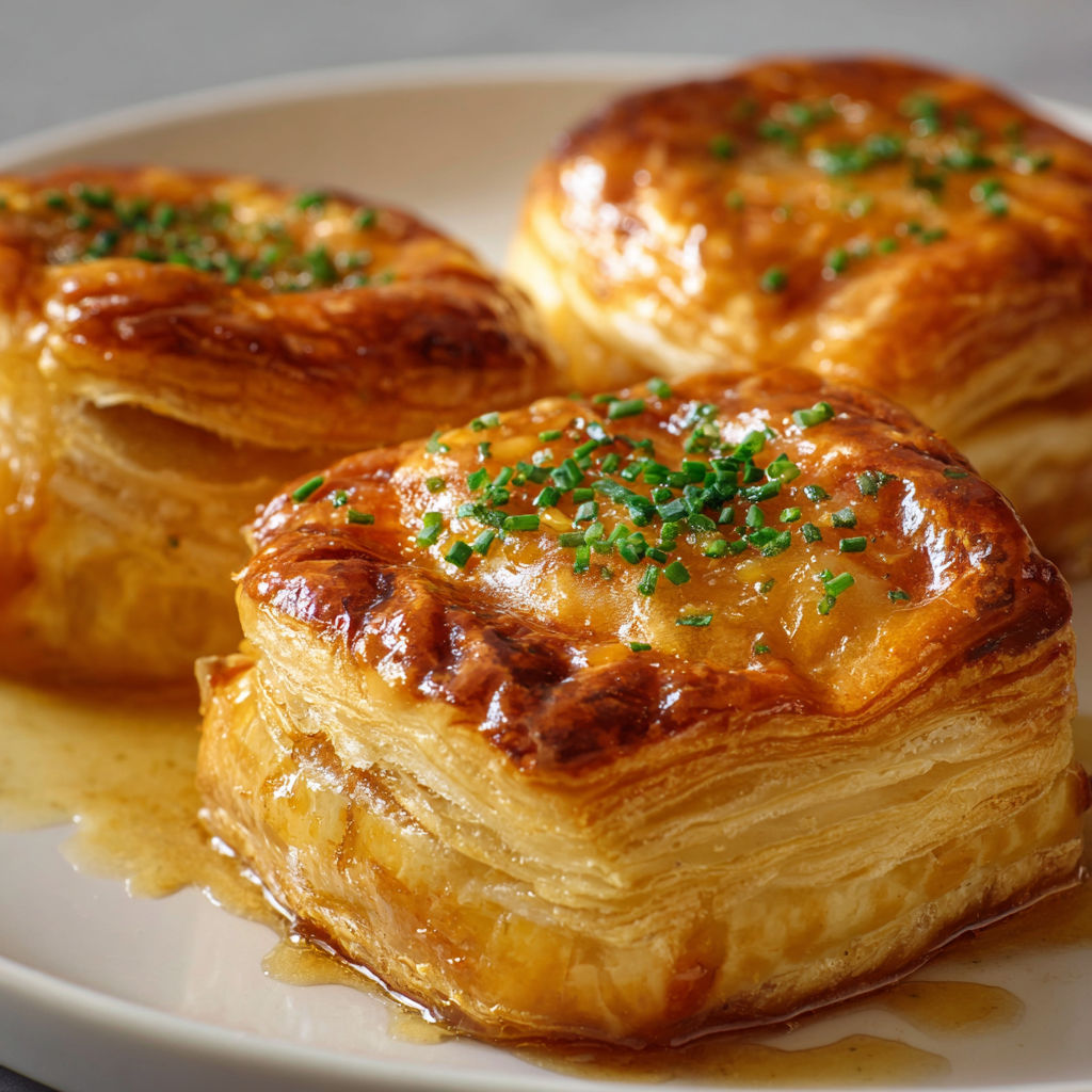 Chaussons au Foie Gras et Confit d'Oignon, ultra gourmands, sont dressés sur un joli plat en porcelaine.