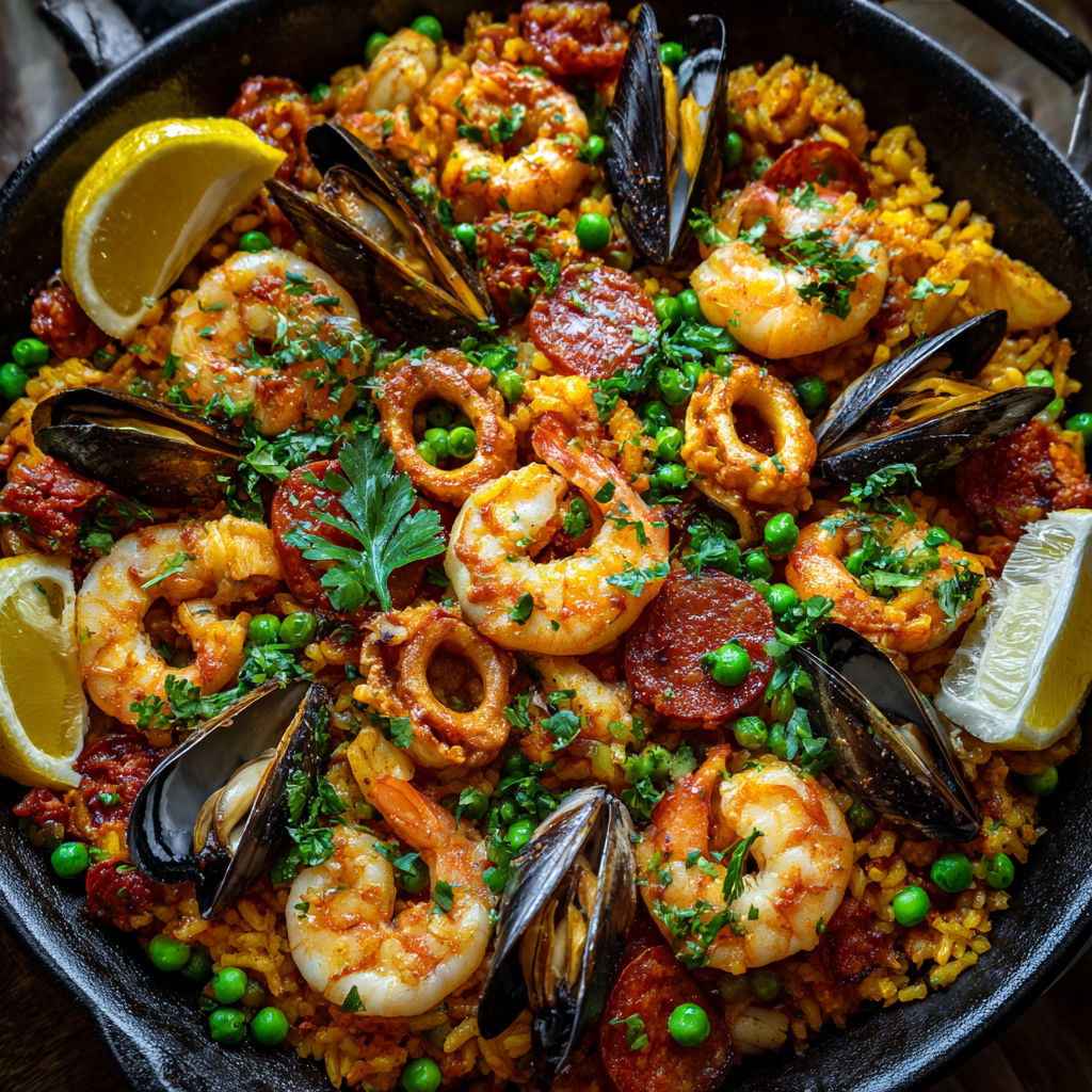 On sert dans un bol une vraie paella espagnole, pleine de moules, chorizo, calamars et crevettes.