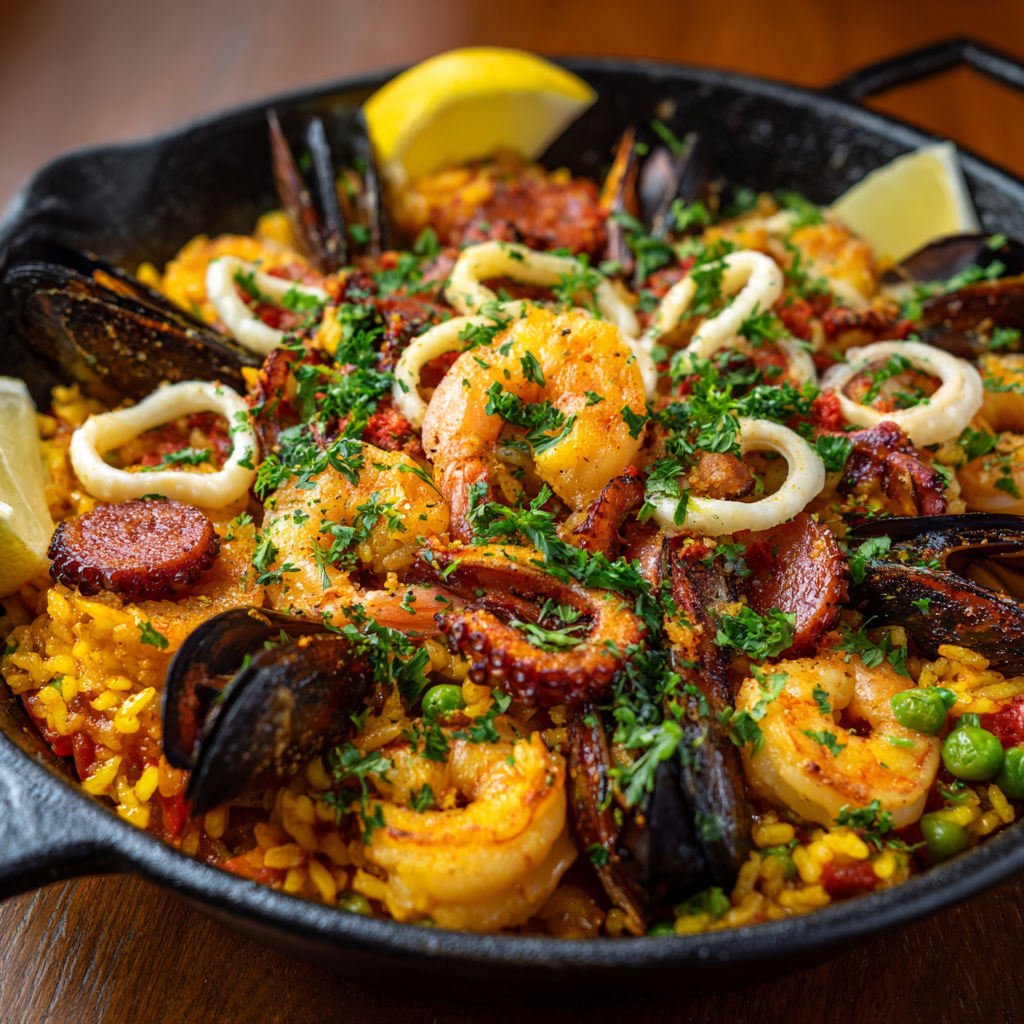 Un joli mélange de paella espagnole, avec chorizo, crevettes, calmars et moules, présenté dans un bol en fonte.