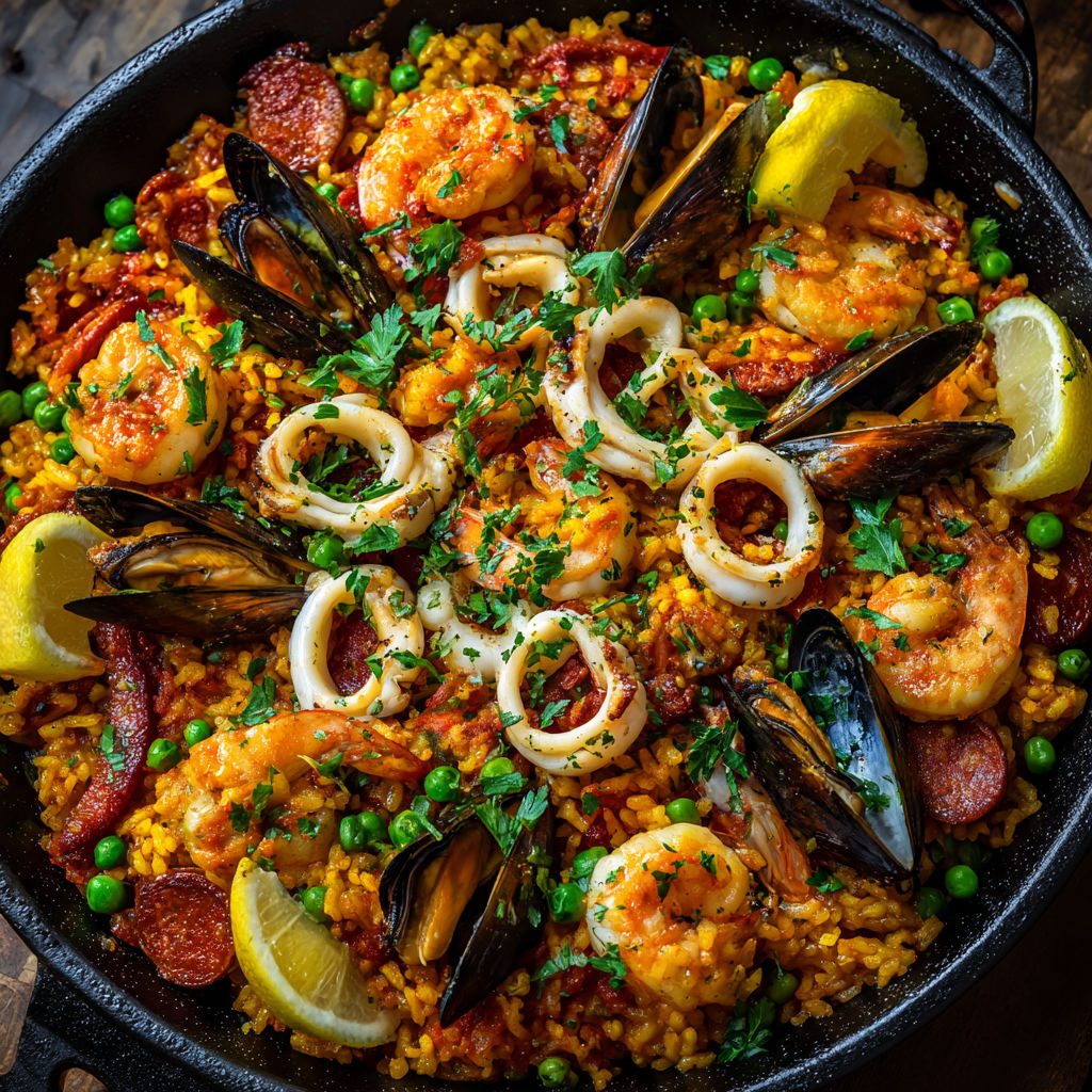 Un grand plat de paella espagnole avec chorizo, crevettes, poulpe et moules présenté dans une large poêle noire.
