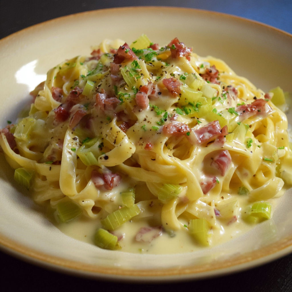 Assiette de tagliatelles carbonara avec poireaux et lardons fumés.