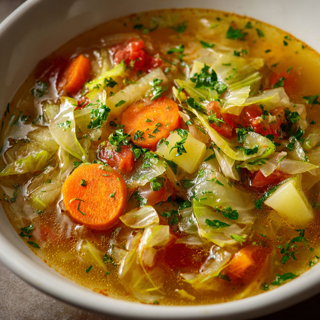 Dans un bol, une soupe légère chou, carotte, tomate et oignon attend d'être dégustée.