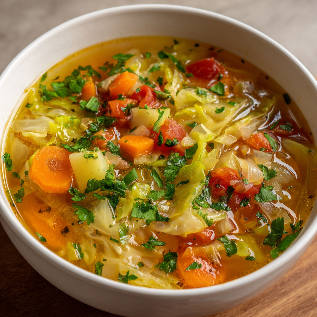 Un bol blanc rempli de soupe légère au chou, carotte et tomate trône sur la table.
