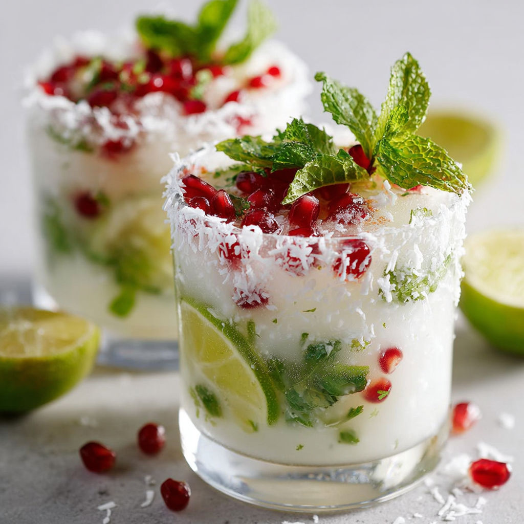 Un grand verre de cocktail tropical décoré de fruits frais et d’herbes.