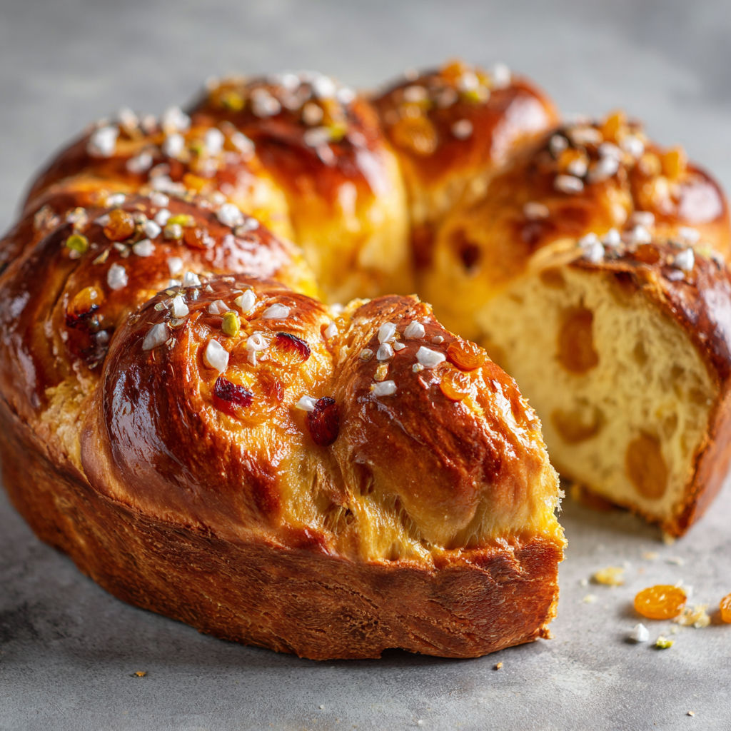 Une tranche de brioche aux graines et noix croquantes sur une planche.