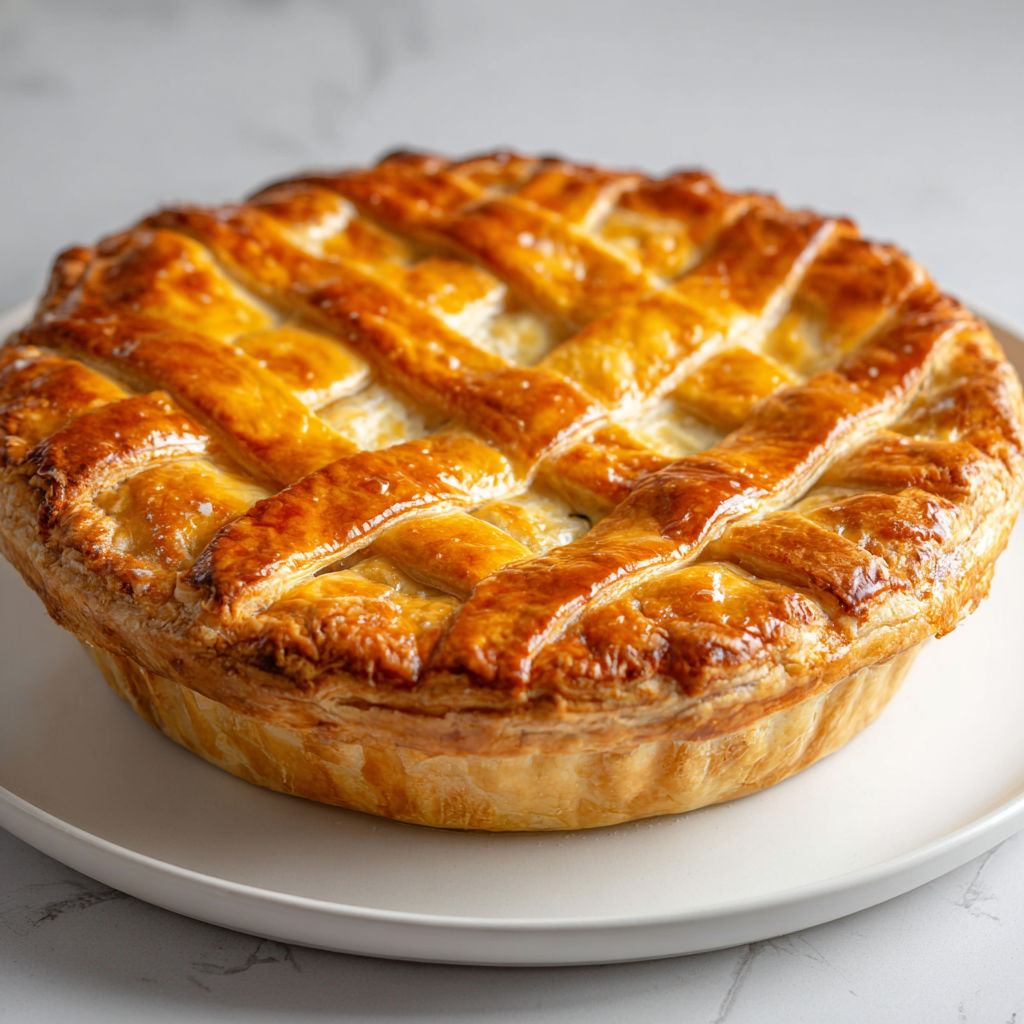 Une quiche dorée posée sur un plat en verre.