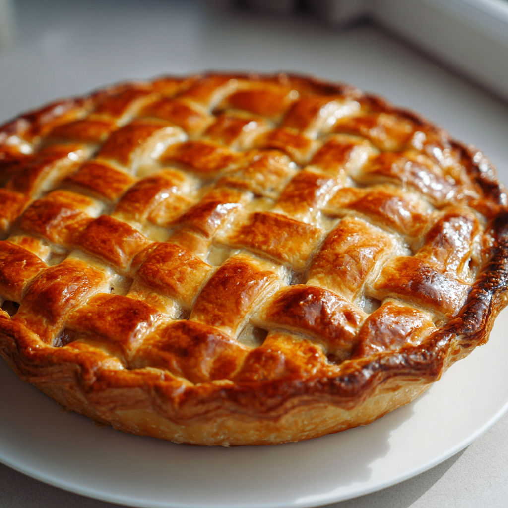 Une belle tarte aux pommes attend d’être dégustée sur un plateau.