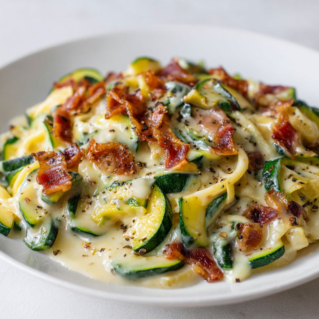 Assiette de spaghetti façon carbonara avec courgettes et lardons.