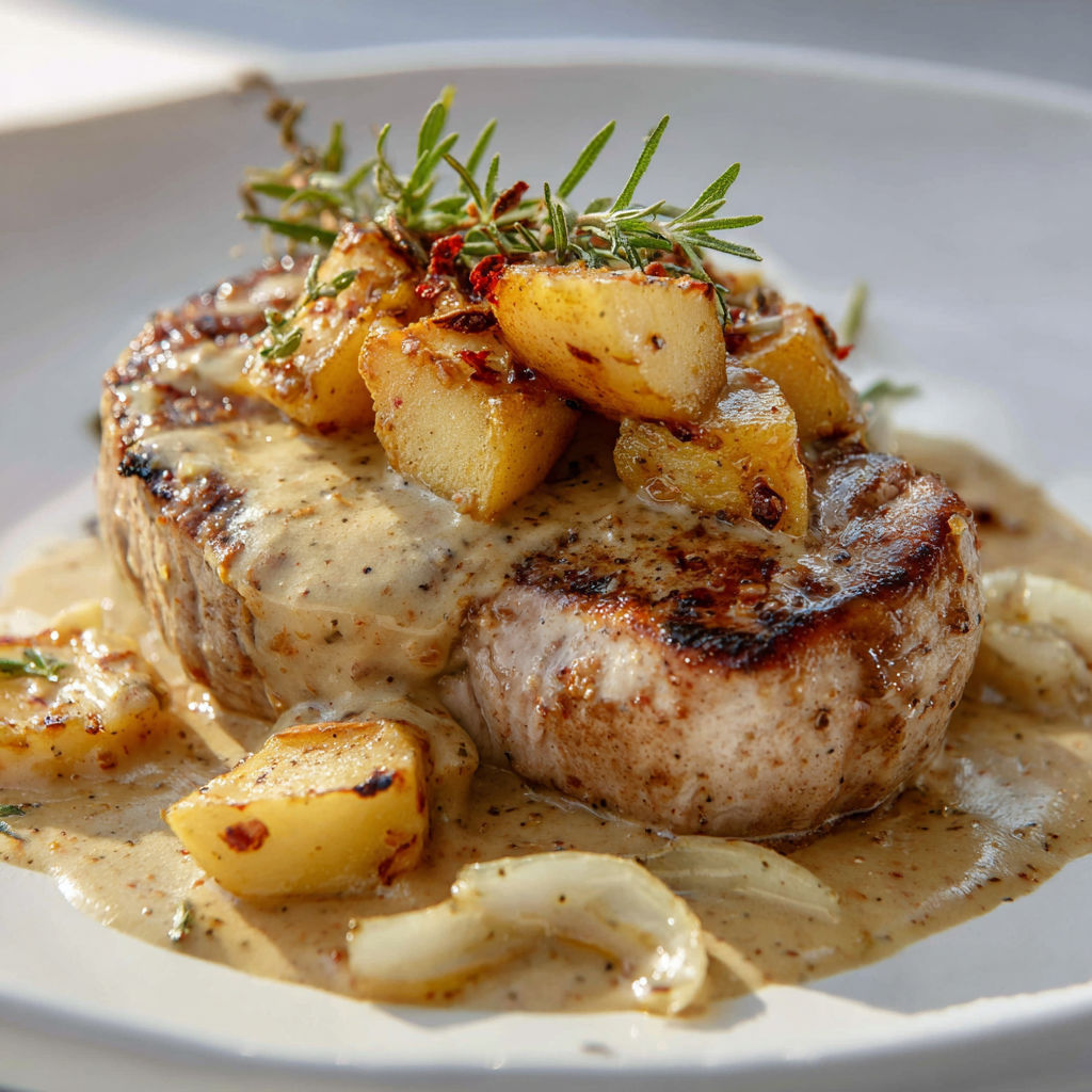 Un filet mignon doré nappé de sauce avec des légumes grillés comme oignons et pommes de terre, tout est présenté sur un plateau.