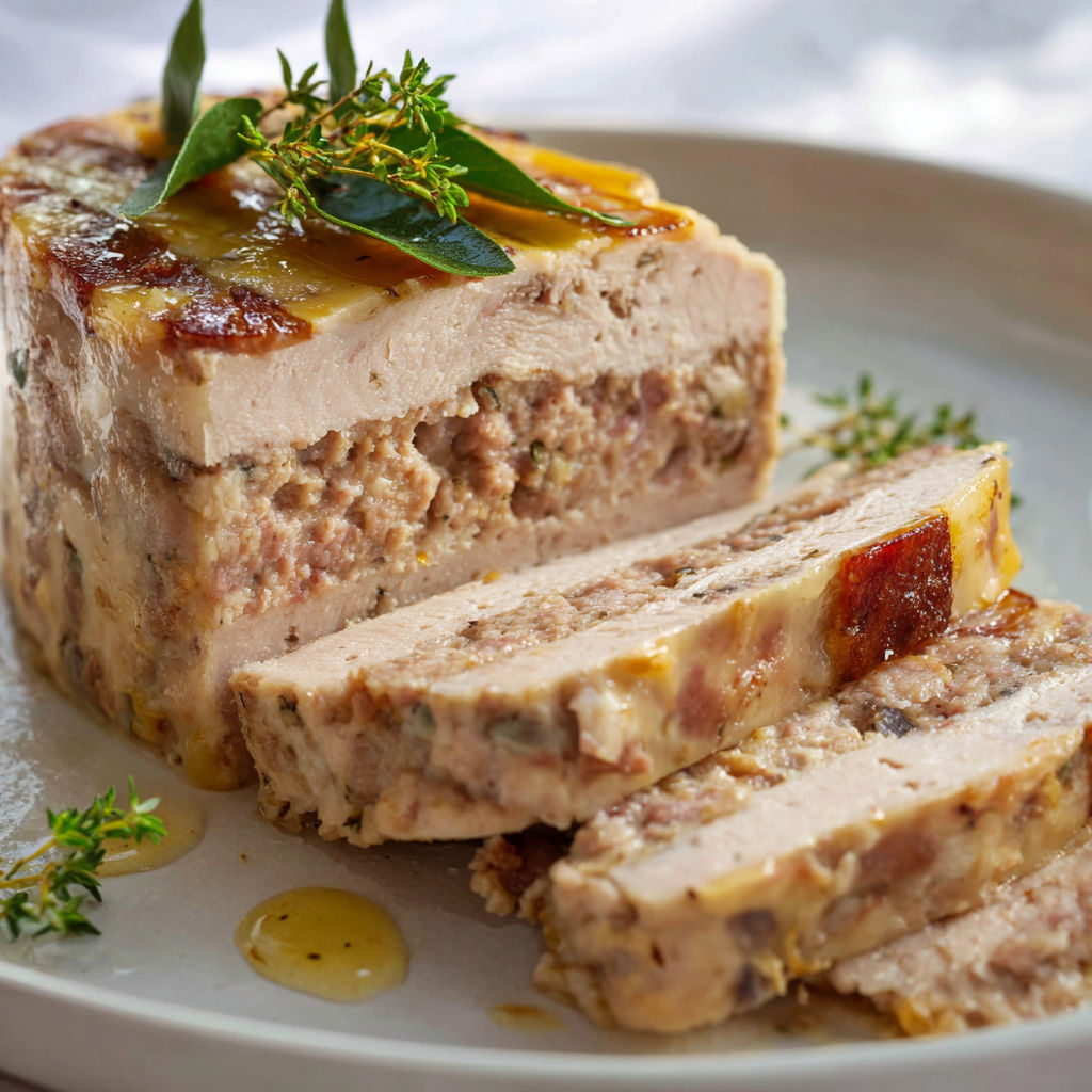Sur un plateau, une terrine de volaille tranchée avec des herbes et un joli service de table.