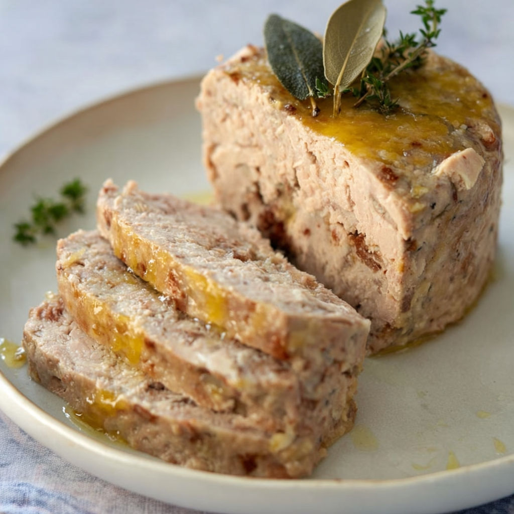 Sur un plat, une belle terrine de volaille est servie prête à être partagée.