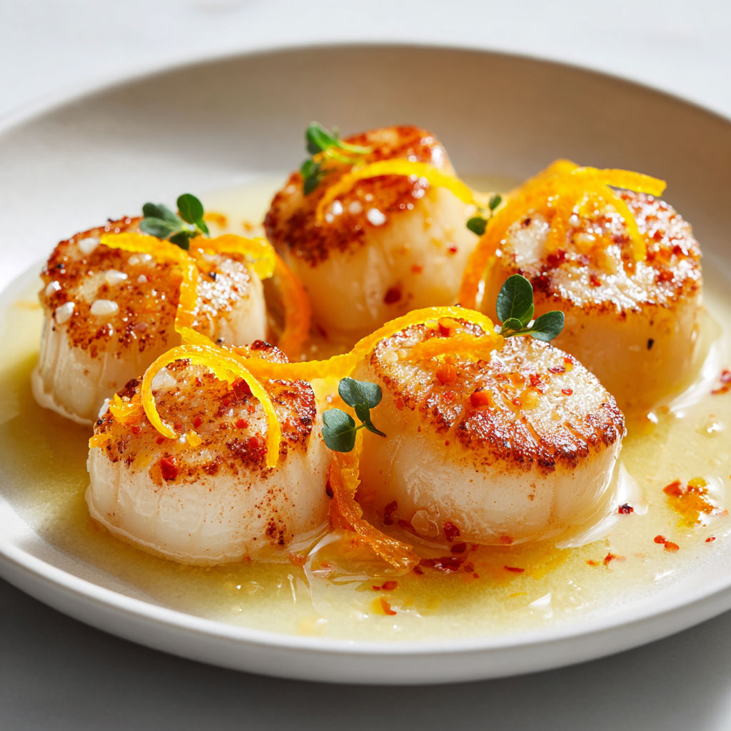 Assiette de Saint-Jacques à l'orange décorée de tranches d’orange sur le dessus.