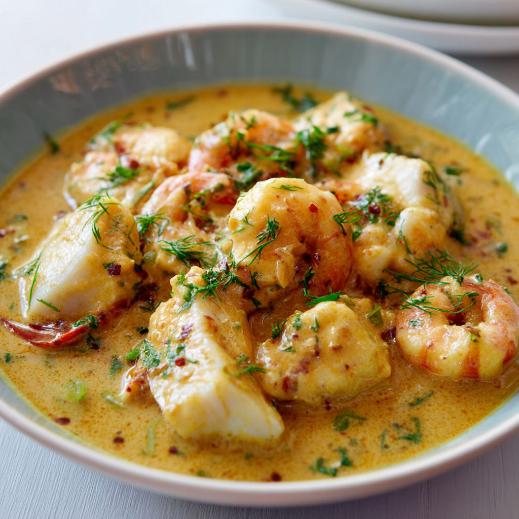 Une belle assiette de poisson à la sauce coco et curry, parsemée d'herbes et de légumes frais.