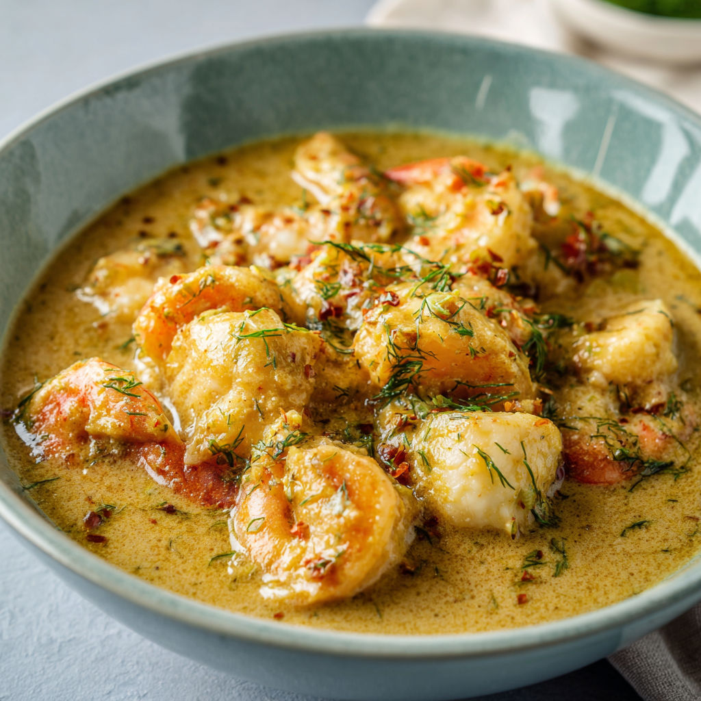 Un plat de crevettes et herbes dans une sauce jaune.