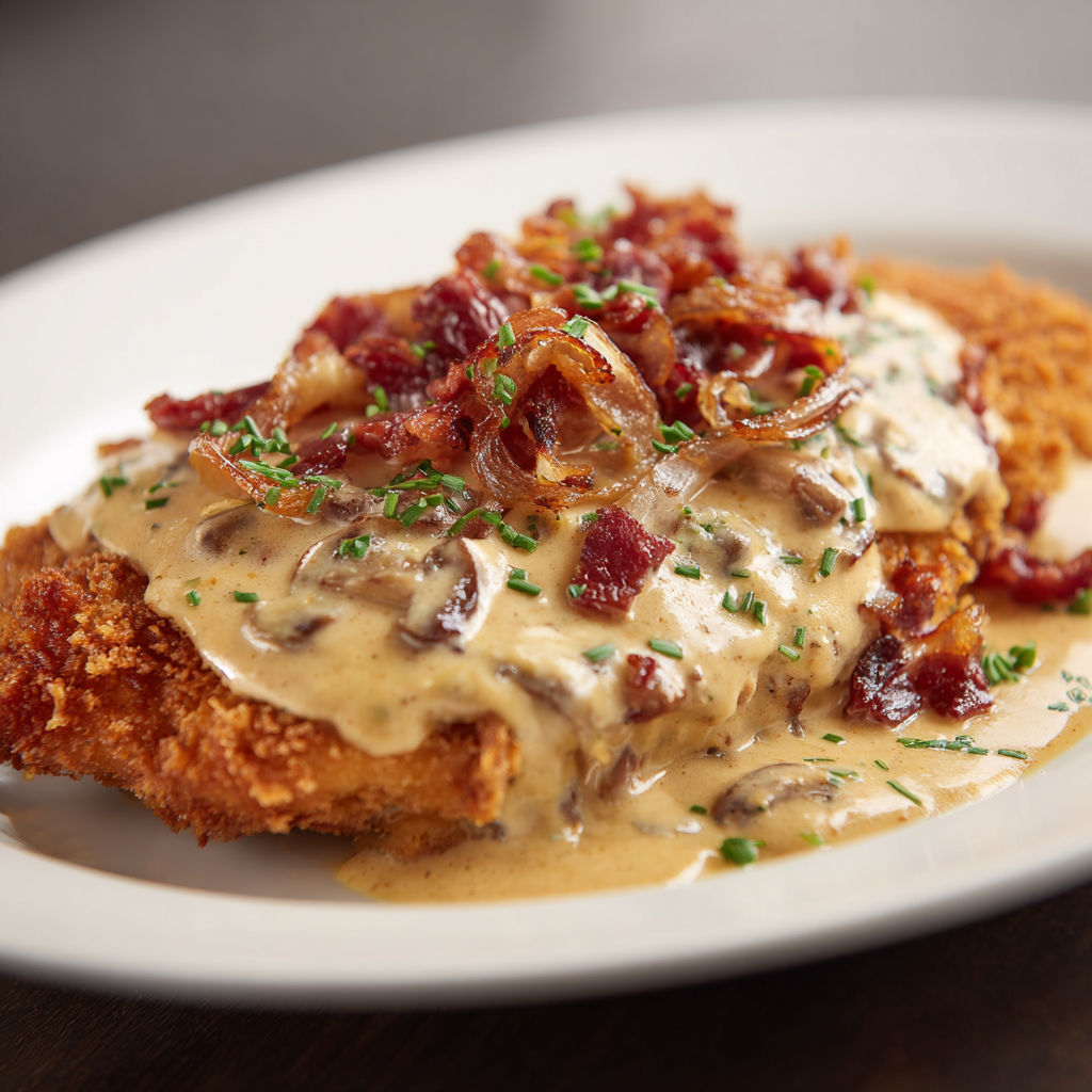 Assiette d’escalope savoyarde nappée de sauce reblochon aux lardons.