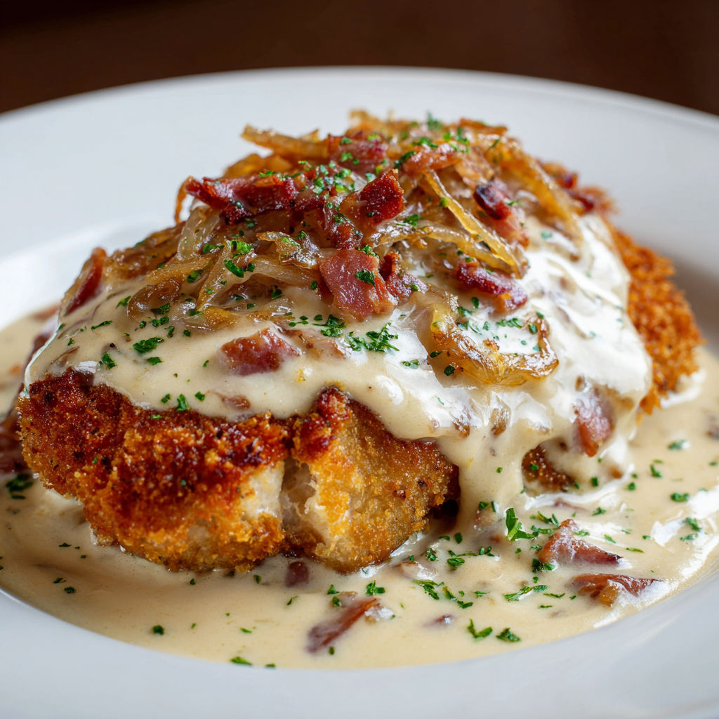 Une belle escalope avec sauce : herbes fraîches et lardons croustillants