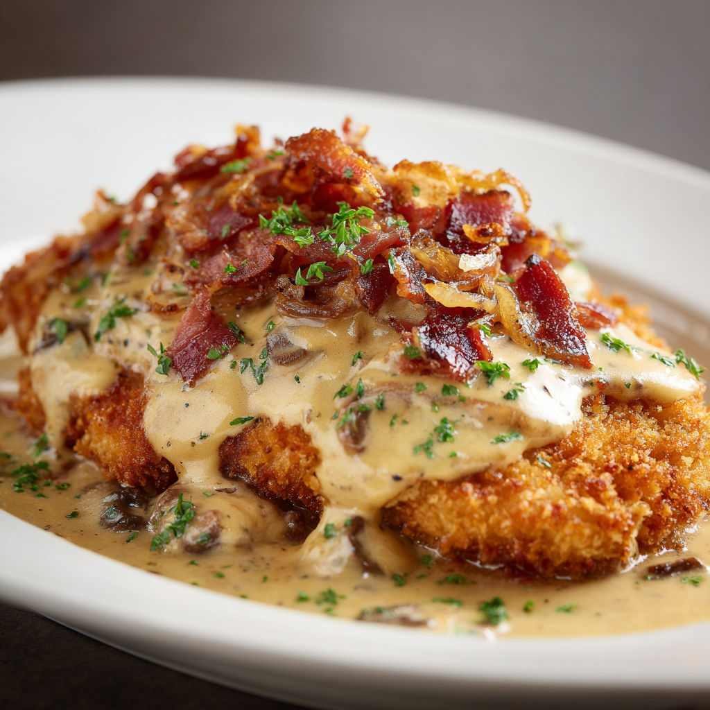 Escalope panée nappée de sauce fromage et lardons, avec herbes et champignons