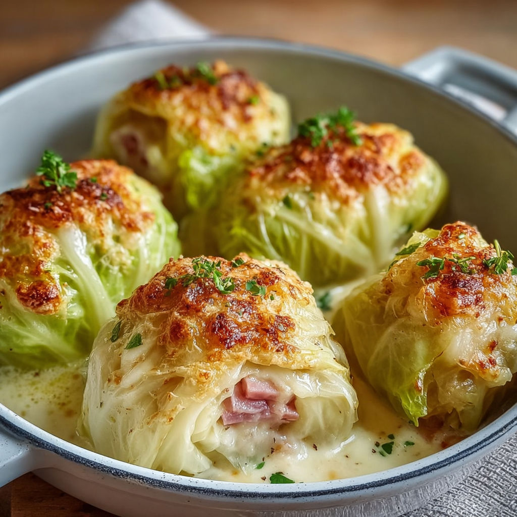 Plat de choux farcis au fromage et jambon servi dans un bol métallique.
