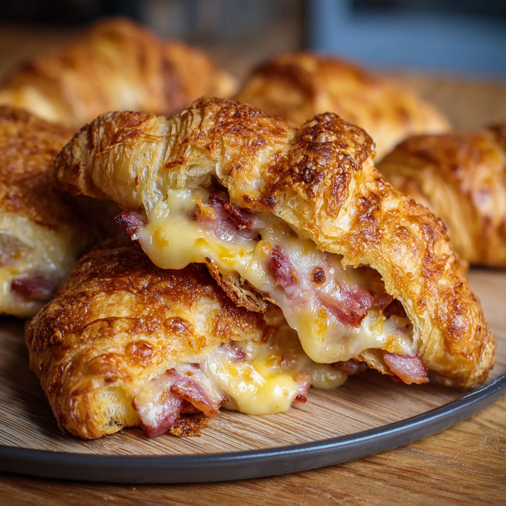 Des croissants au bacon et au fromage empilés sur une planche.