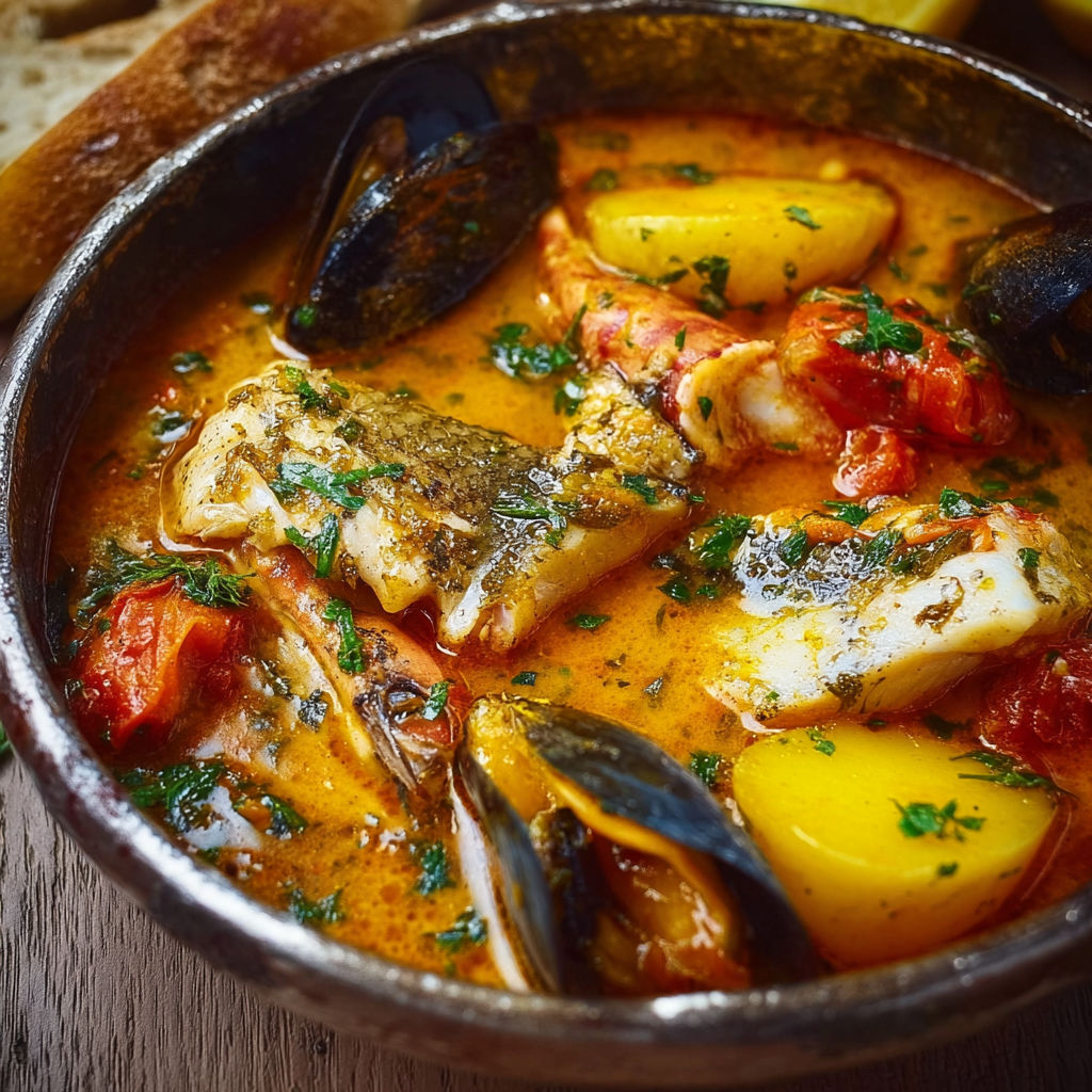 Une grande assiette de bouillabaisse colorée avec poissons, moules et légumes du sud.