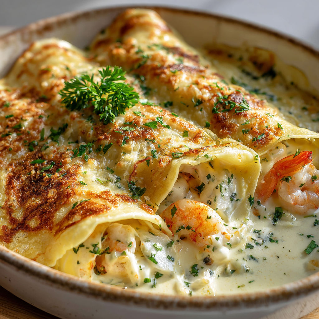 Crêpes roulées garnies de crevettes, moules et Saint-Jacques, toutes nappées d’une sauce crémeuse et bien gratinées.