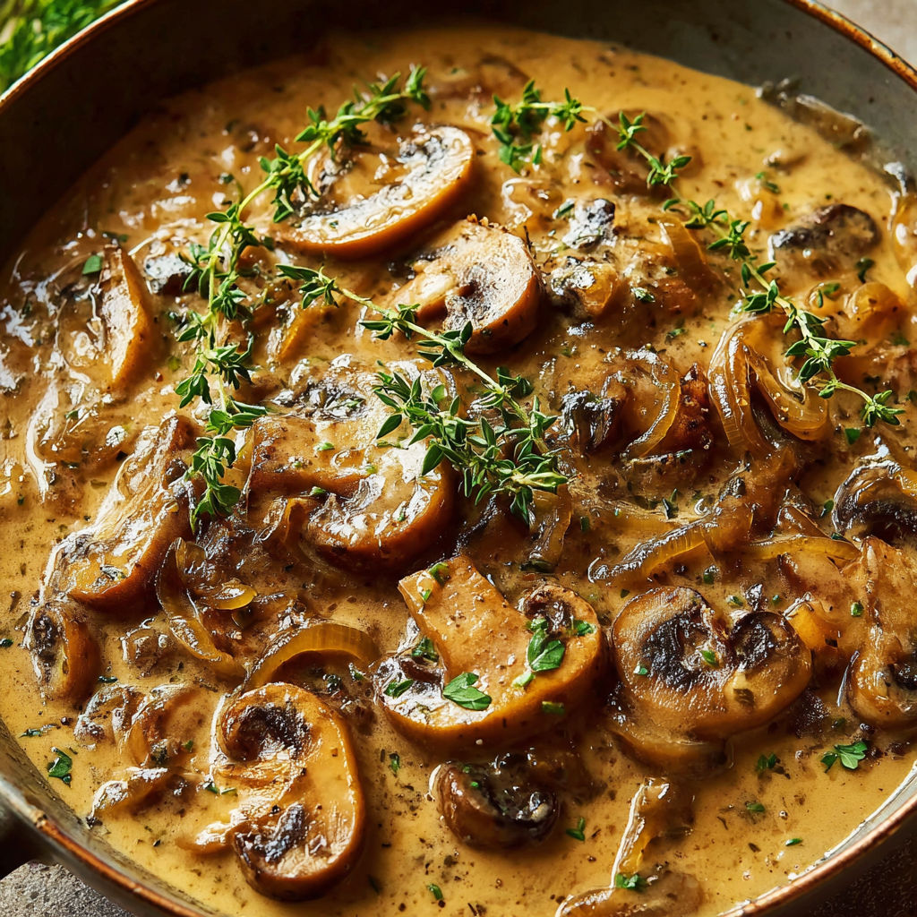 Une sauce chasseur onctueuse de forêt-noire présentée dans une belle casserole en métal.